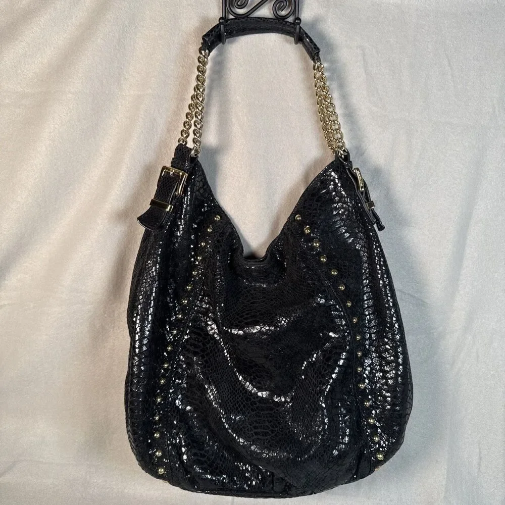 Michael Kors Black Snakeskin Python Chain Tote Shoulder Bag Boho gold accents